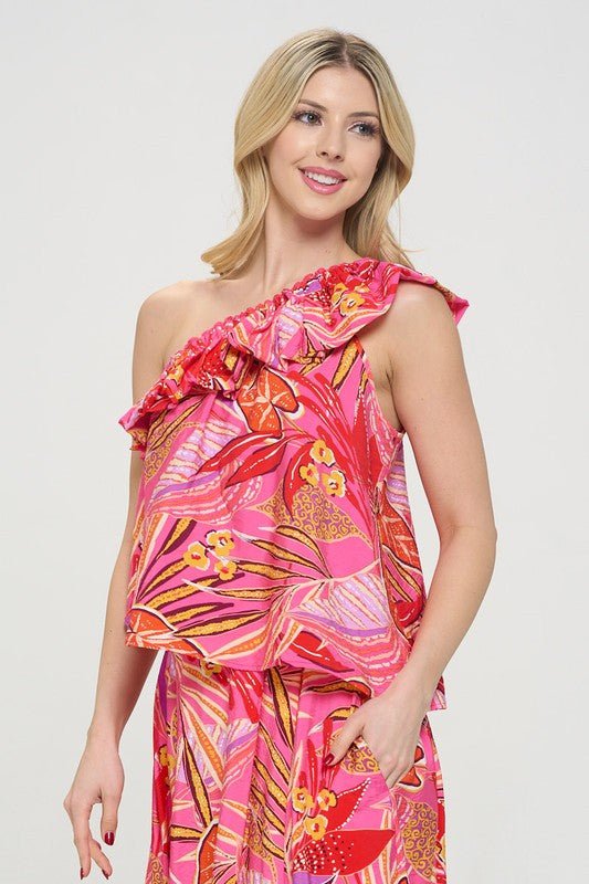 Tropical Leaf Print One Shoulder Top with Ruffle Neckline - Shellcreations