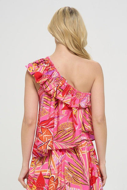 Tropical Leaf Print One Shoulder Top with Ruffle Neckline - Shellcreations
