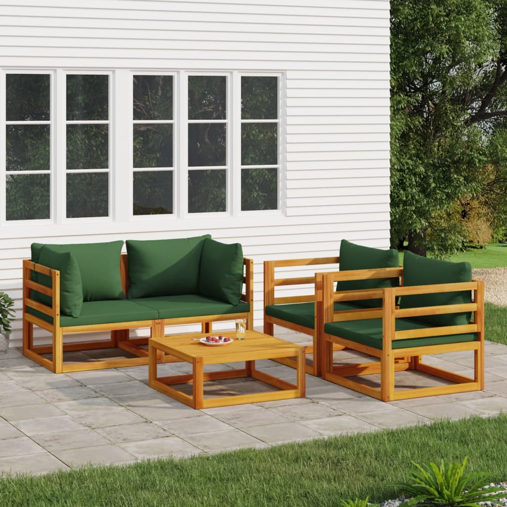 vidaXL 5 Piece Patio Lounge Set with Green Cushions Solid Wood - Shellcreations