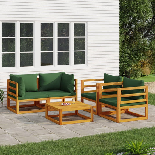vidaXL 5 Piece Patio Lounge Set with Green Cushions Solid Wood - Shellcreations