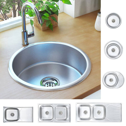 vidaXL Kitchen Sink Undermount Sink with Strainer Stainless Steel Sink Round - Shellcreations