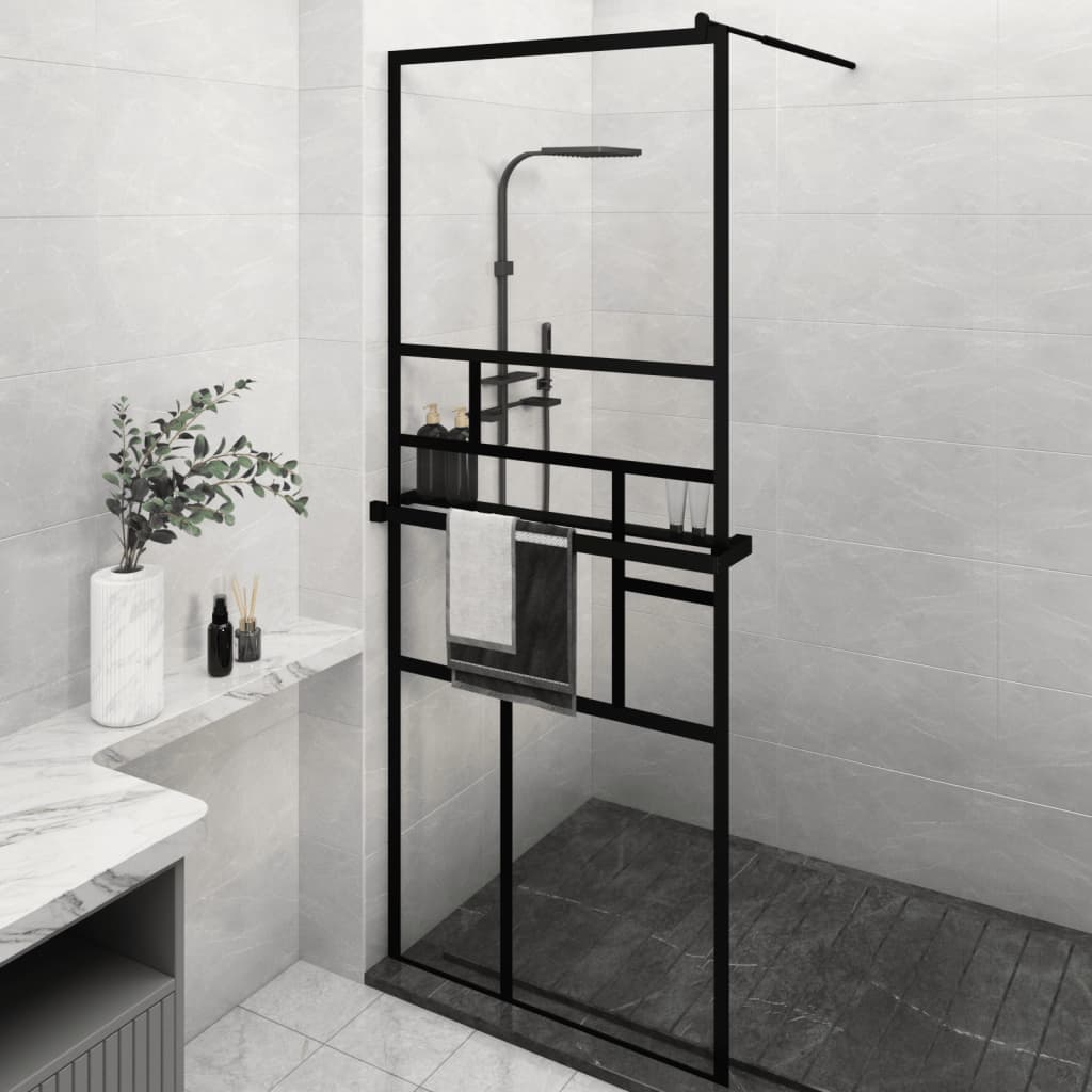 vidaXL Walk - in Shower Wall with Shelf Black 31.5"x76.8" ESG Glass&Aluminum - Shellcreations