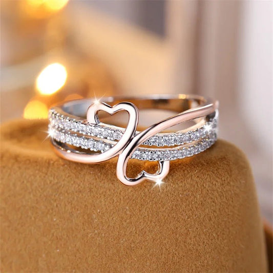 White Zircon Rose Gold Double Heart Engagement Rings for Women Vintage Silver Color Ring Wedding Jewelry Valentine's Day Gifts - Shellcreations