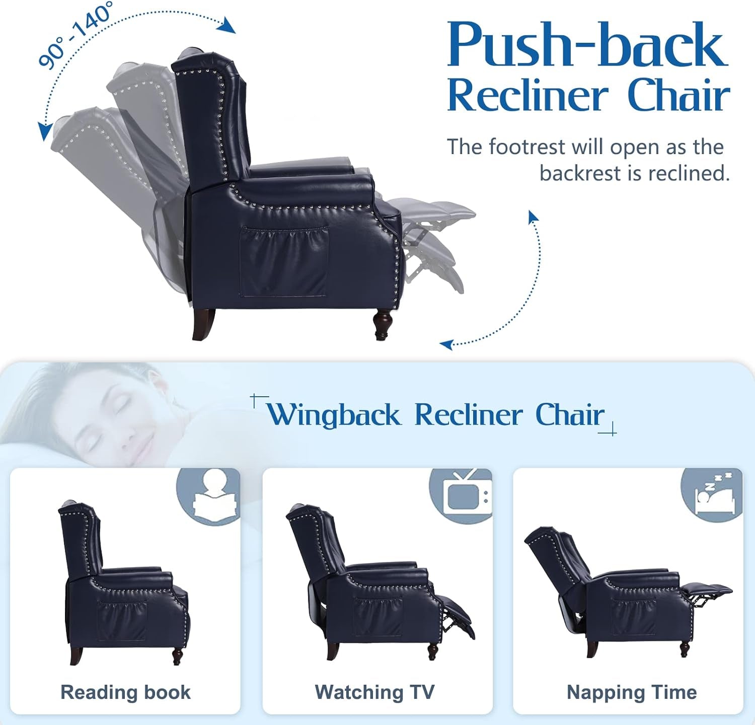 Wingback Recliner Chair with Massage and Heat - Tufted PU Leather Push Back Arm Chair for Living Room - Vintage Recliner Chair with Remote Control, Padded Cushion, Backrest, Wooden Legs - Shellcreations
