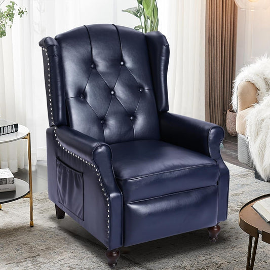 Wingback Recliner Chair with Massage and Heat - Tufted PU Leather Push Back Arm Chair for Living Room - Vintage Recliner Chair with Remote Control, Padded Cushion, Backrest, Wooden Legs - Shellcreations