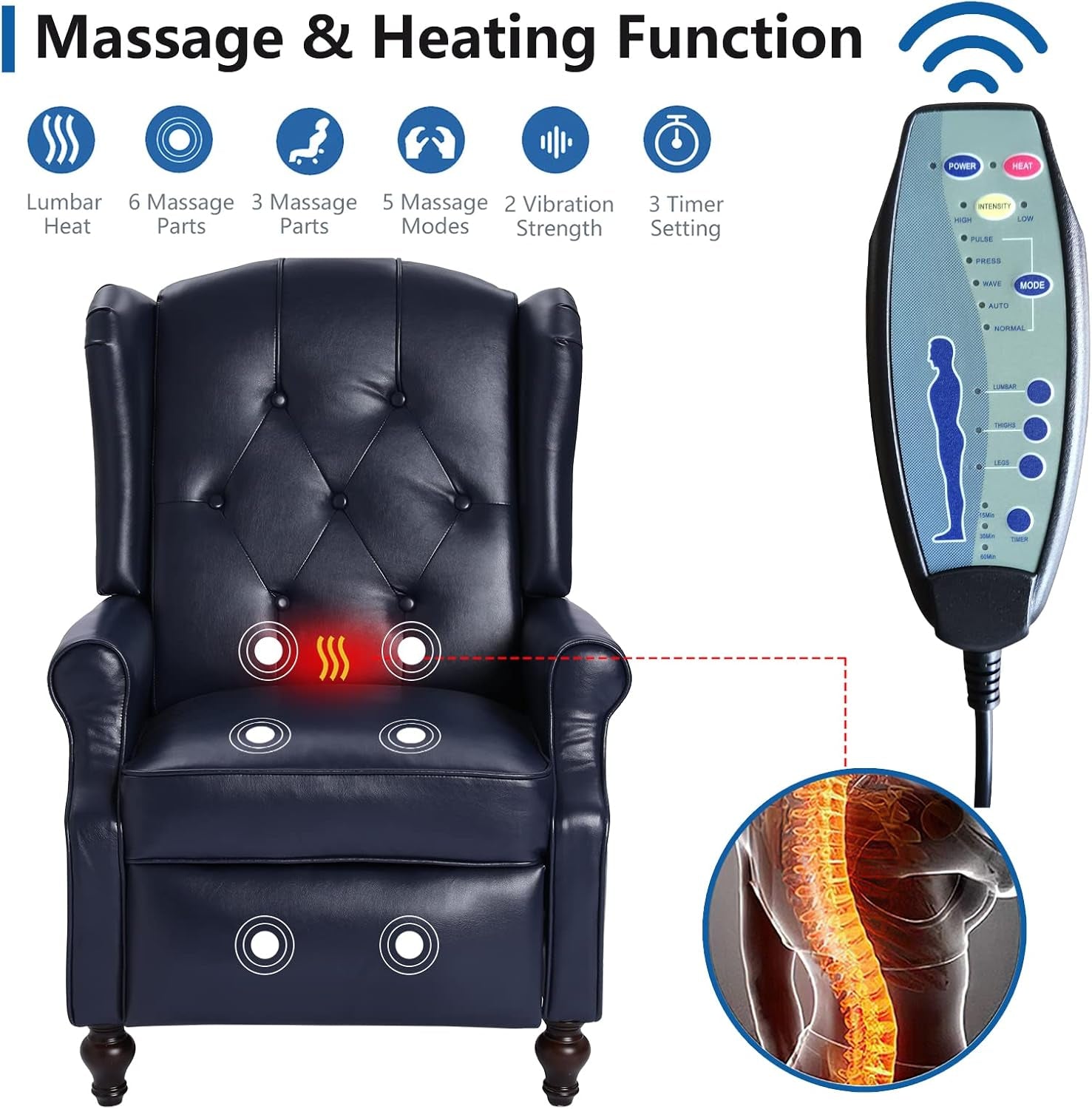 Wingback Recliner Chair with Massage and Heat - Tufted PU Leather Push Back Arm Chair for Living Room - Vintage Recliner Chair with Remote Control, Padded Cushion, Backrest, Wooden Legs - Shellcreations