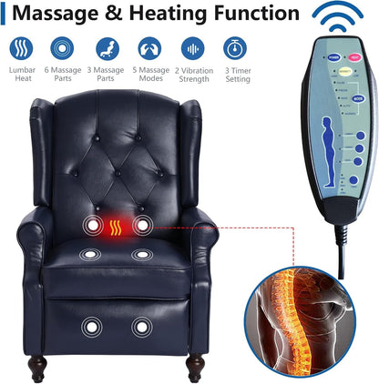 Wingback Recliner Chair with Massage and Heat - Tufted PU Leather Push Back Arm Chair for Living Room - Vintage Recliner Chair with Remote Control, Padded Cushion, Backrest, Wooden Legs - Shellcreations