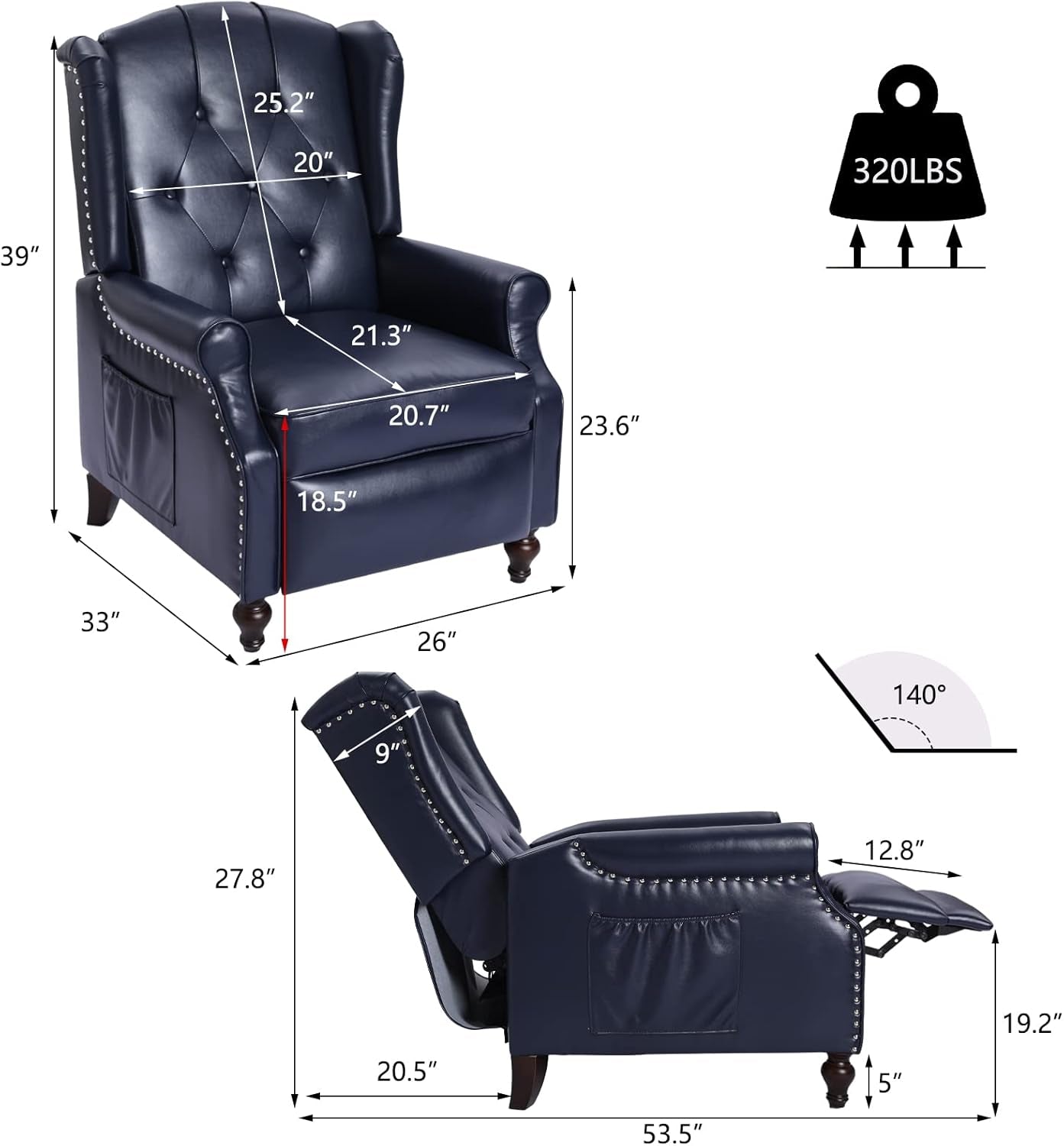 Wingback Recliner Chair with Massage and Heat - Tufted PU Leather Push Back Arm Chair for Living Room - Vintage Recliner Chair with Remote Control, Padded Cushion, Backrest, Wooden Legs - Shellcreations