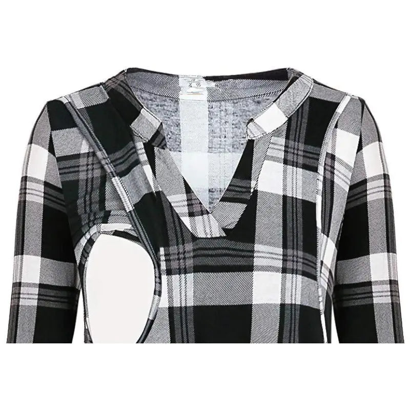 Women’s Plaid Print V - Neck Long Sleeve Nursing Top - Shellcreations