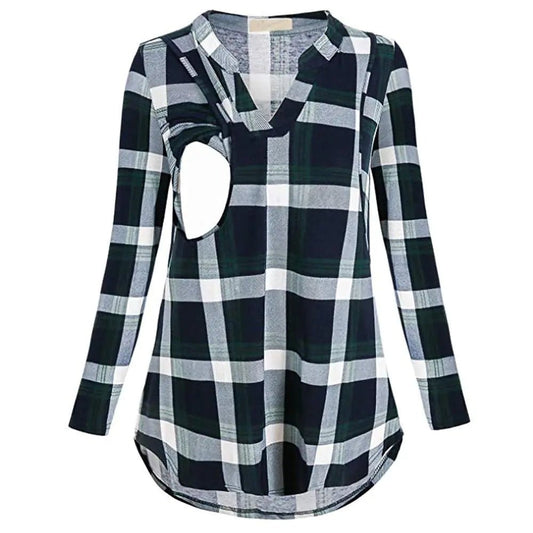 Women’s Plaid Print V - Neck Long Sleeve Nursing Top - Shellcreations