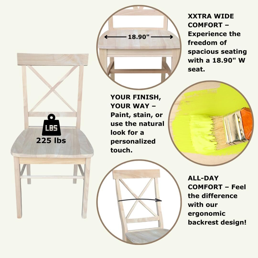 X - Back Dining Chairs Set of 2 Solid Parawood, Upgrade Your Dining Room with Stylish and Comfortable Chairs, Paint or Stain in Any Color, 18.9"W X 22.2"D X 36.9"H, Unfinished - Shellcreations