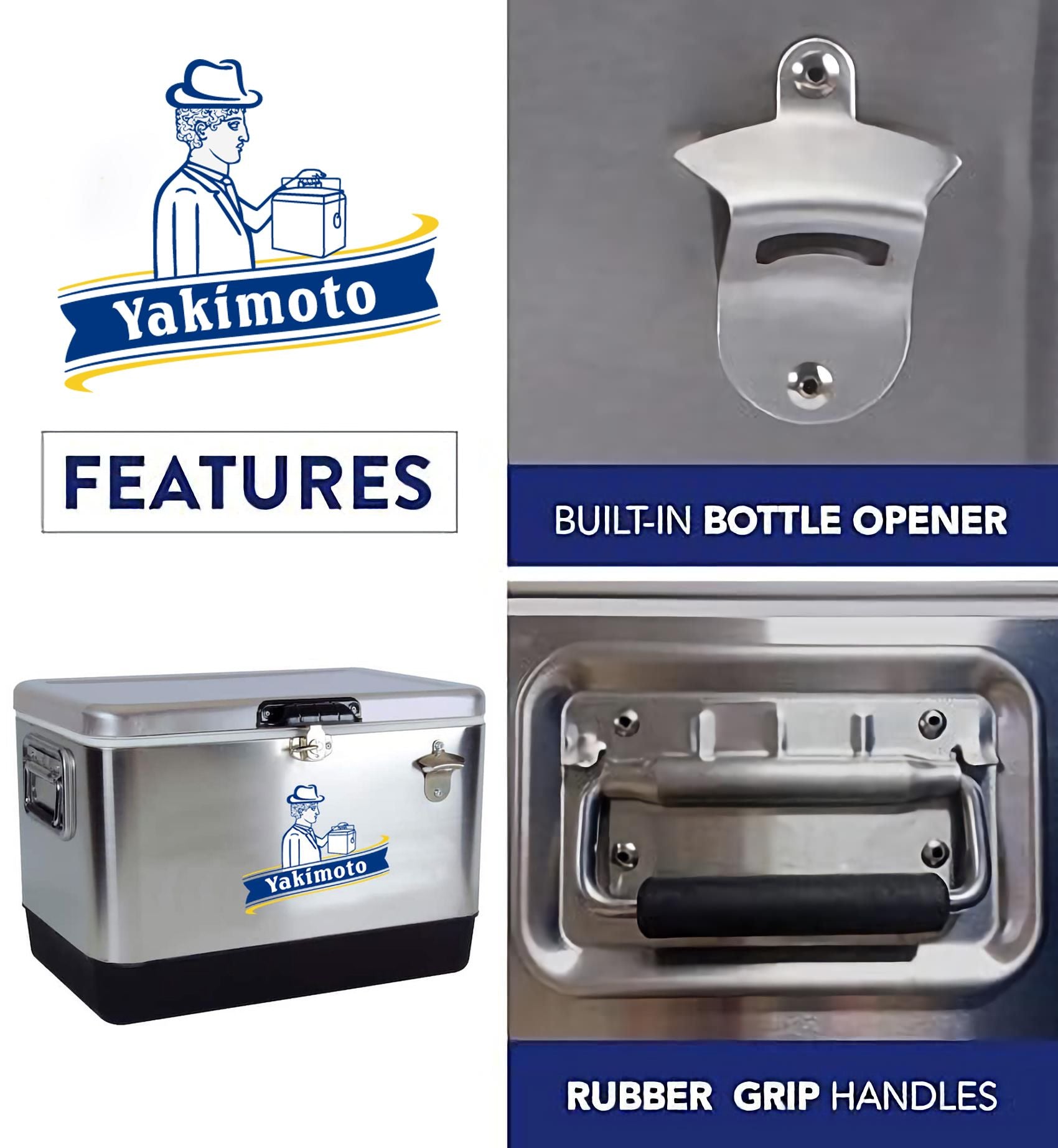 Yakimoto Ice Chest Beverage Beer Cooler Box With Bottle Opener, 51L/54Qt Stainless Steel Portable Insulated Ice Bucket, Sturdy And Leak - proof, For Camping, Beach, Picnic, RV, BBQ, Picnic, Fishing - Shellcreations