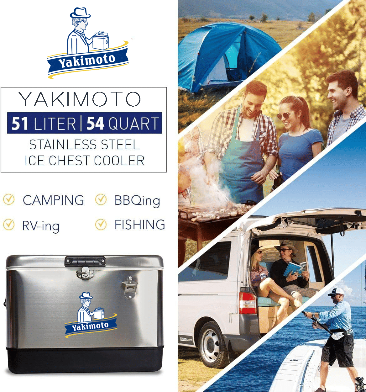 Yakimoto Ice Chest Beverage Beer Cooler Box With Bottle Opener, 51L/54Qt Stainless Steel Portable Insulated Ice Bucket, Sturdy And Leak - proof, For Camping, Beach, Picnic, RV, BBQ, Picnic, Fishing - Shellcreations