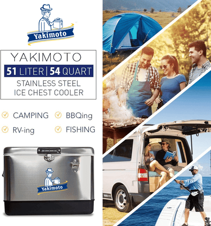 Yakimoto Ice Chest Beverage Beer Cooler Box With Bottle Opener, 51L/54Qt Stainless Steel Portable Insulated Ice Bucket, Sturdy And Leak - proof, For Camping, Beach, Picnic, RV, BBQ, Picnic, Fishing - Shellcreations