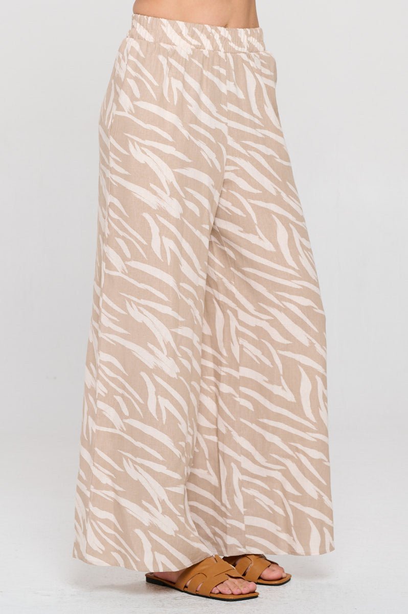 Zebra Print Linen Wide Leg Pants with Elastic Band - Shellcreations