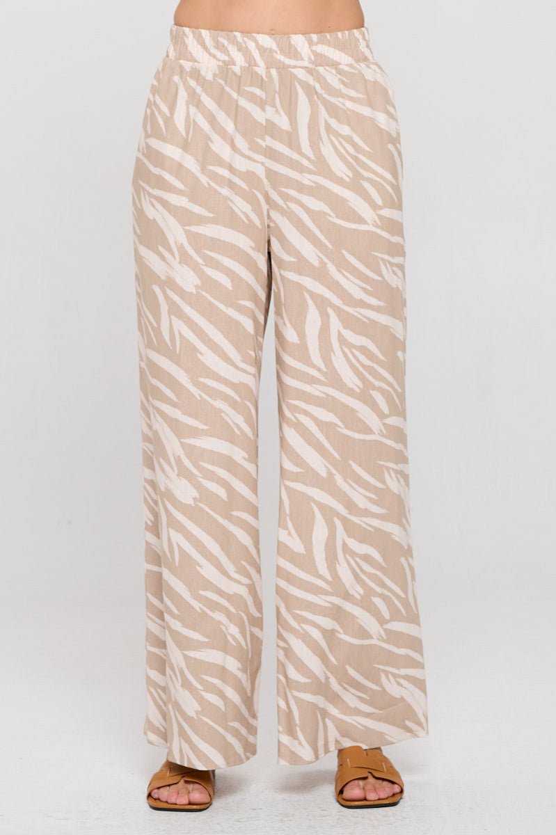 Zebra Print Linen Wide Leg Pants with Elastic Band - Shellcreations