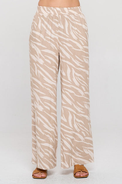 Zebra Print Linen Wide Leg Pants with Elastic Band - Shellcreations