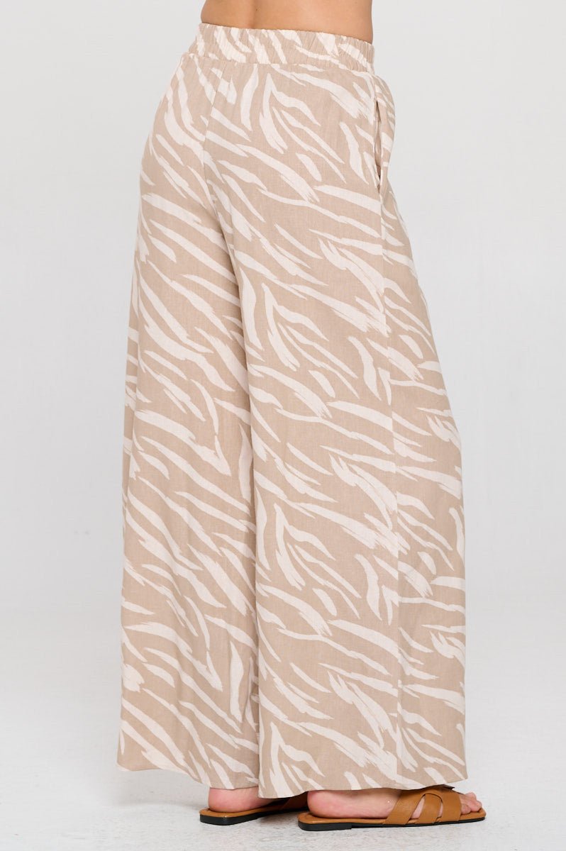 Zebra Print Linen Wide Leg Pants with Elastic Band - Shellcreations