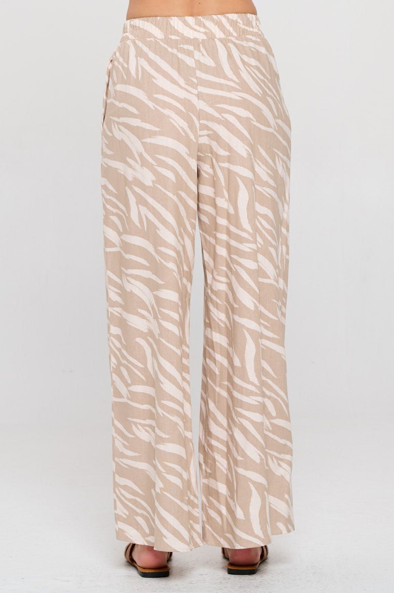 Zebra Print Linen Wide Leg Pants with Elastic Band - Shellcreations