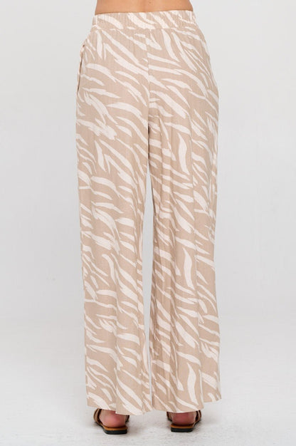 Zebra Print Linen Wide Leg Pants with Elastic Band - Shellcreations